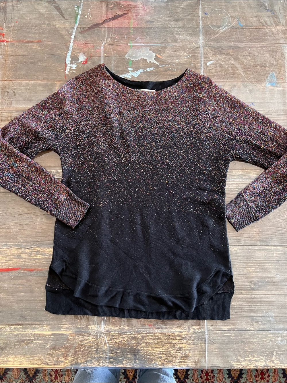 Black Crewneck Sweater with Multicolor Metallic Knit